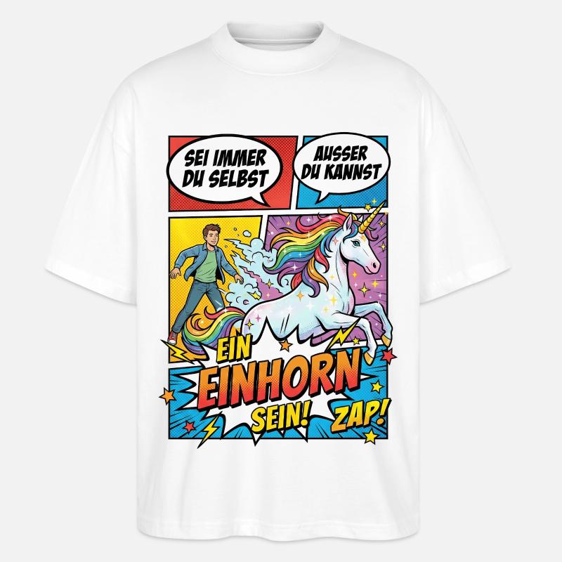 Einhorn Power im Pop-Comic - Stanley/Stella Oversized Unisex Bio T-Shirt Blaster 2.0 - Weiß
