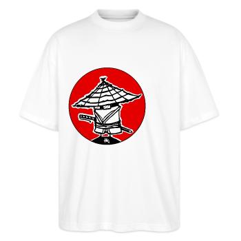 haka ronin - Stanley/Stella Oversized Unisex Bio T-Shirt Blaster 2.0 - Weiß - Vorne - Alina (178cm) & Michal (187cm)