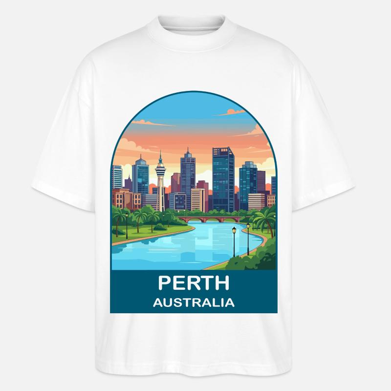Perth, Australien Swan River Reiseplakat-Kunst - Stanley/Stella Oversized Unisex Bio T-Shirt Blaster 2.0 - Weiß