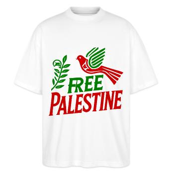 Free palestine - Stanley/Stella Oversized Unisex Bio T-Shirt Blaster 2.0 - Weiß - Vorne - Alina (178cm) & Michal (187cm)
