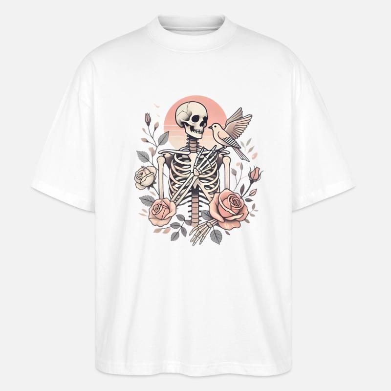 Skelettrosen mit Vogelillustration - Stanley/Stella Oversized Unisex Bio T-Shirt Blaster 2.0 - Weiß
