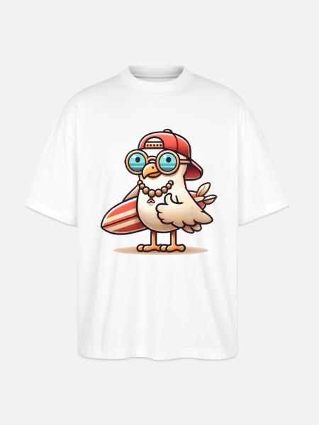 Coole Strandmöwe mit Surfbrett - Stanley/Stella Oversized Unisex Bio T-Shirt Blaster 2.0 - Weiß