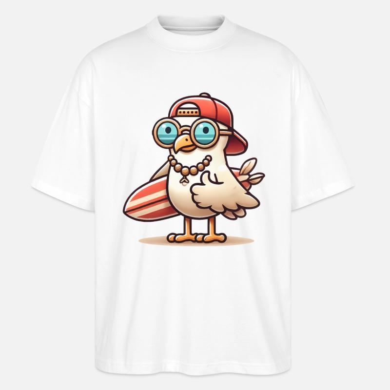 Coole Strandmöwe mit Surfbrett - Stanley/Stella Oversized Unisex Bio T-Shirt Blaster 2.0 - Weiß
