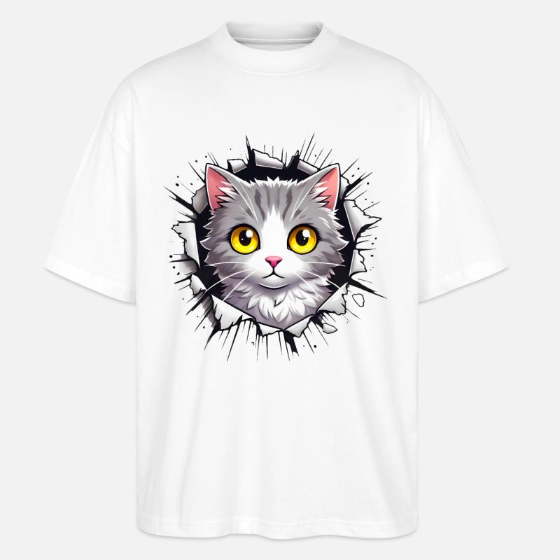 Peeking Cat Through Jagged Hole - Stanley/Stella Oversized Unisex Organic T-shirt Blaster 2.0 - white