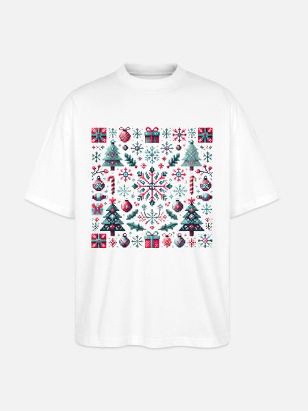 Festive Pixel Art Christmas Pattern - Stanley/Stella Oversized Unisex Organic T-shirt Blaster 2.0 - white