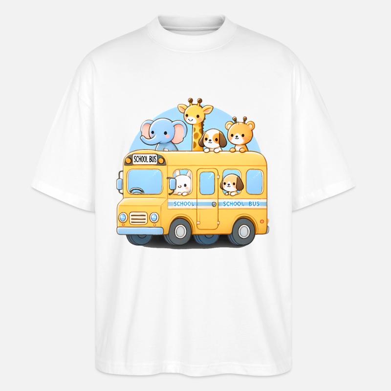Cute Animal School Bus Illustration - Stanley/Stella Oversized Unisex Organic T-shirt Blaster 2.0 - white