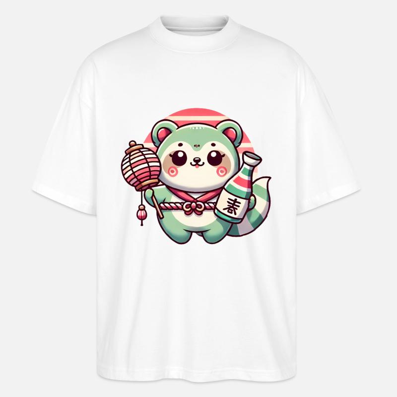 Whimsical Tanuki Lantern Design - Stanley/Stella Oversized Unisex Organic T-shirt Blaster 2.0 - white