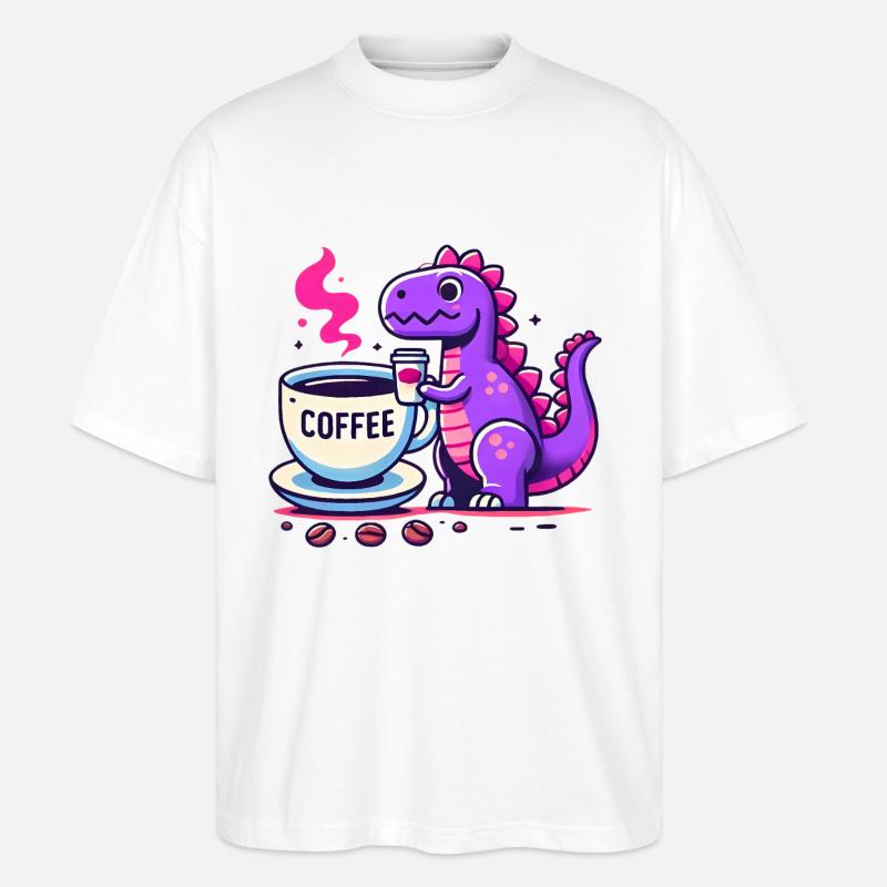 Purple Dino Enjoying Coffee - Stanley/Stella Oversized Unisex Organic T-shirt Blaster 2.0 - white