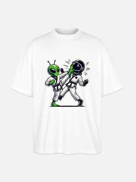 Alien vs Astronaut Karate Battle - Stanley/Stella Oversized Unisex Organic T-shirt Blaster 2.0 - white