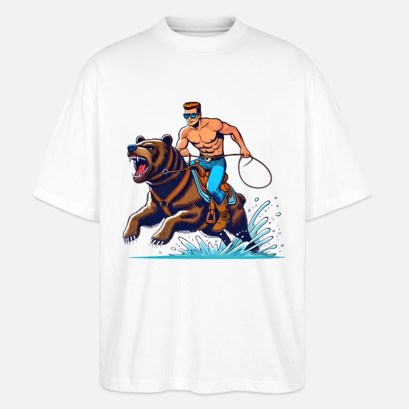 Bear Rider Adventure Cartoon Design - T-shirt bio Blaster 2.0 coupe oversize Stanley/Stella Unisexe - blanc