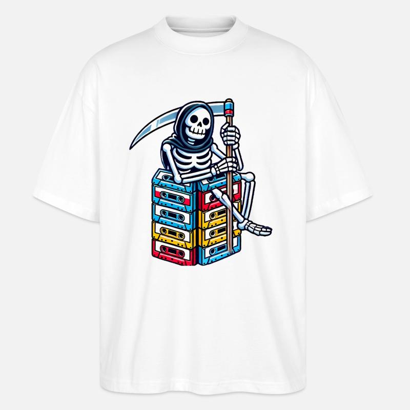 Retro Skeleton with Cassette Tapes - Stanley/Stella Oversized Unisex Organic T-shirt Blaster 2.0 - white