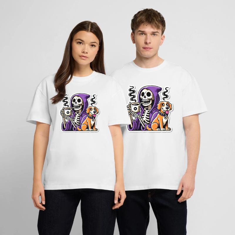 Skeleton Coffee Lover with Dog Stanley/Stella Oversized Unisex Organic T-shirt Blaster 2.0
