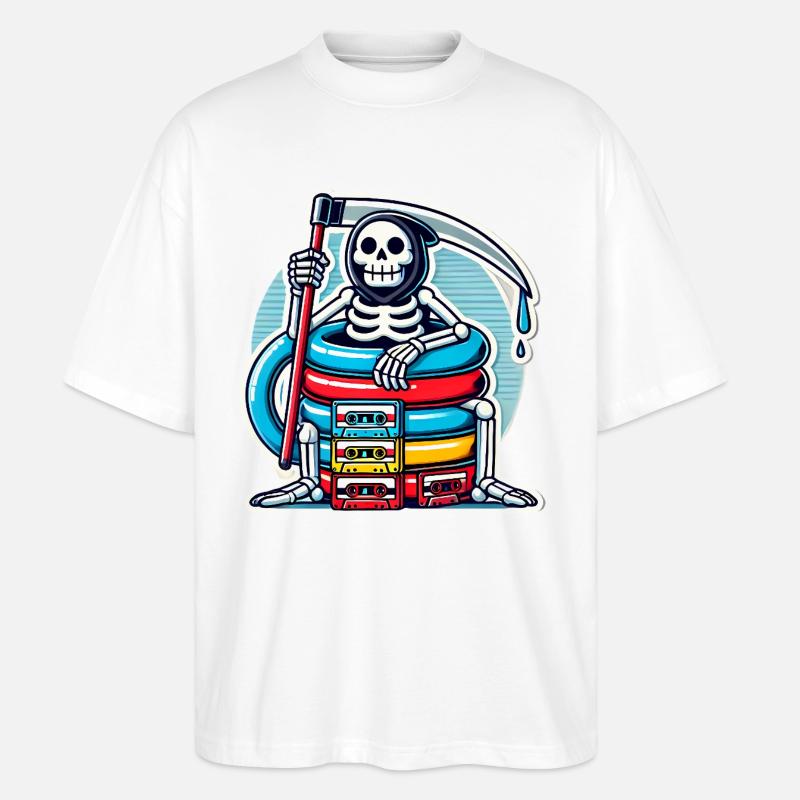 Squelette rétro avec cassettes - T-shirt bio Blaster 2.0 coupe oversize Stanley/Stella Unisexe - blanc