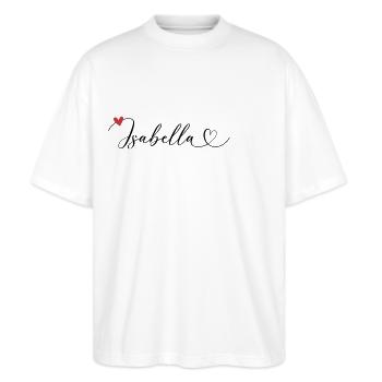 Isabella Name Vorname Kalligrafieherz - Stanley/Stella Oversized Unisex Bio T-Shirt Blaster 2.0 - Weiß - Vorne - Alina (178cm) & Michal (187cm)