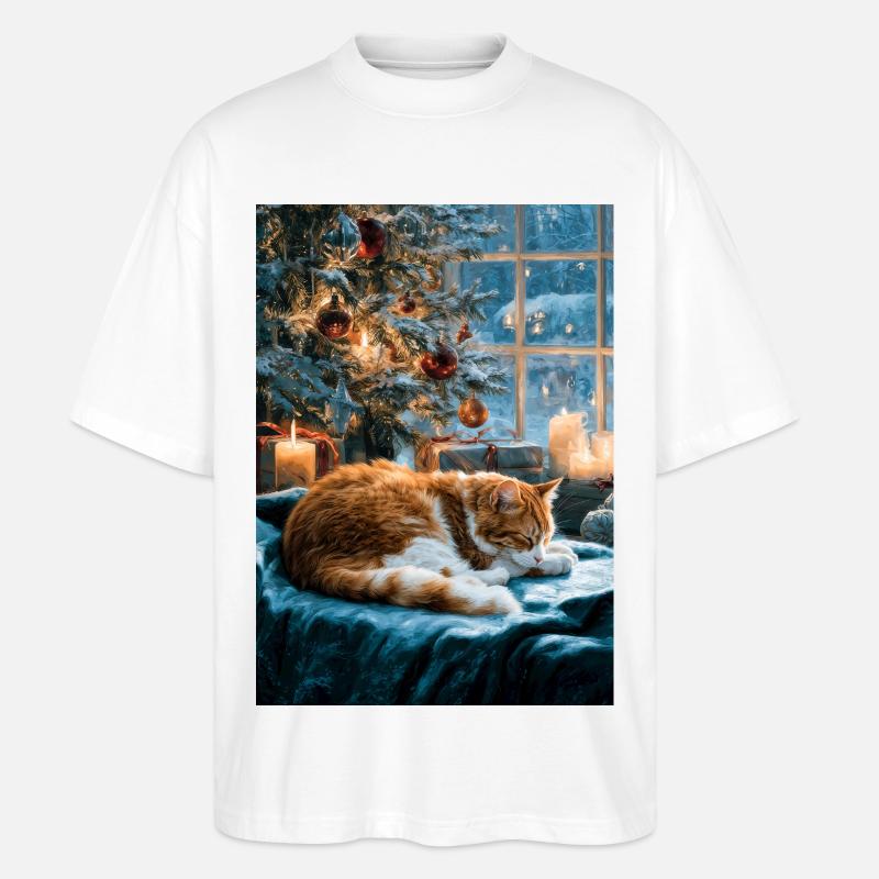 Sieste de chat de Noël douillette - T-shirt bio Blaster 2.0 coupe oversize Stanley/Stella Unisexe - blanc
