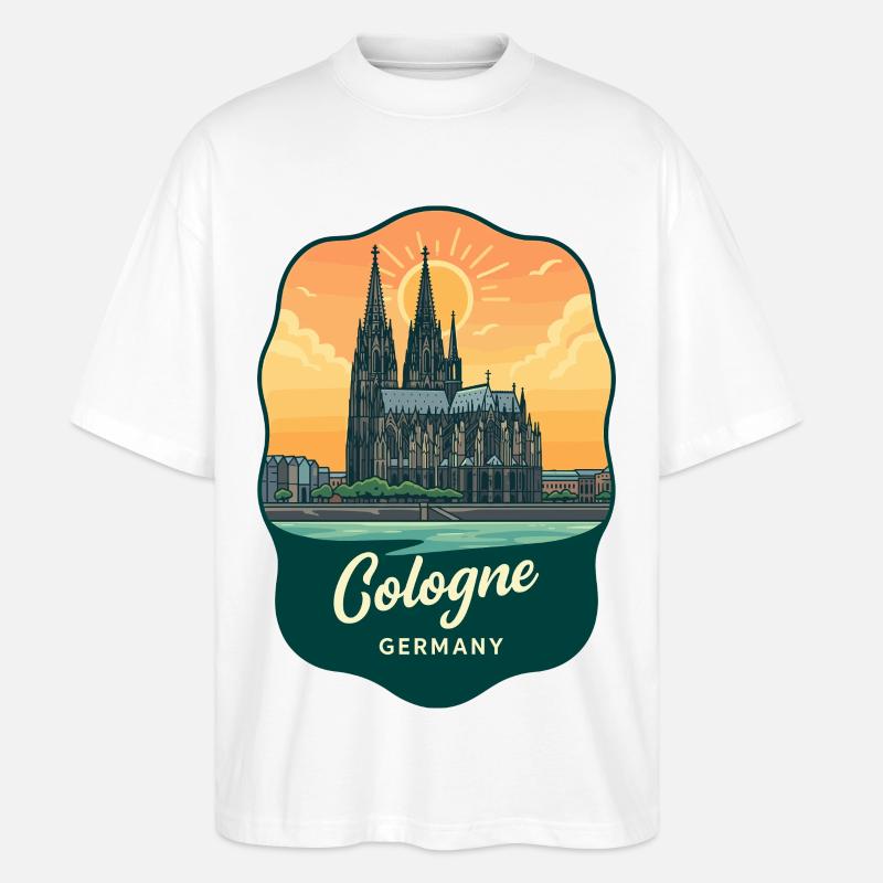 Kölner Dom, Retro-Sonnenuntergangsabzeichen - Stanley/Stella Oversized Unisex Bio T-Shirt Blaster 2.0 - Weiß