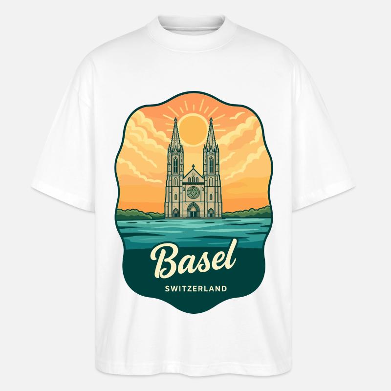 Basel Minster Retro Sonnenuntergangs-Reiseabzeichen - Stanley/Stella Oversized Unisex Bio T-Shirt Blaster 2.0 - Weiß
