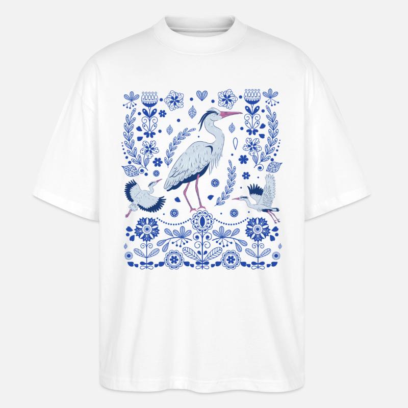Großer Blaureiher Volkskunst - Stanley/Stella Oversized Unisex Bio T-Shirt Blaster 2.0 - Weiß