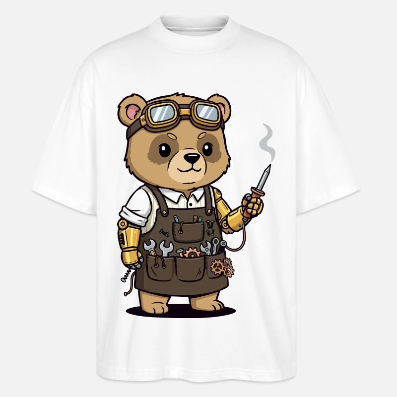 Bärenmechaniker Steampunk-Roboterarm - Stanley/Stella Oversized Unisex Bio T-Shirt Blaster 2.0 - Weiß