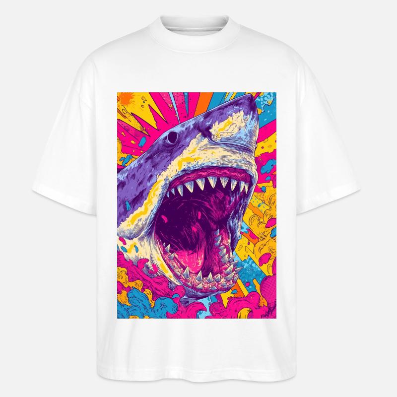 Explosion de requin psychédélique - T-shirt bio Blaster 2.0 coupe oversize Stanley/Stella Unisexe - blanc