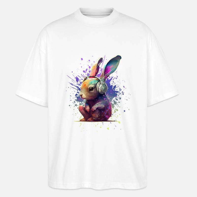Bunter Hase mit Kopfhörern - Stanley/Stella Oversized Unisex Bio T-Shirt Blaster 2.0 - Weiß