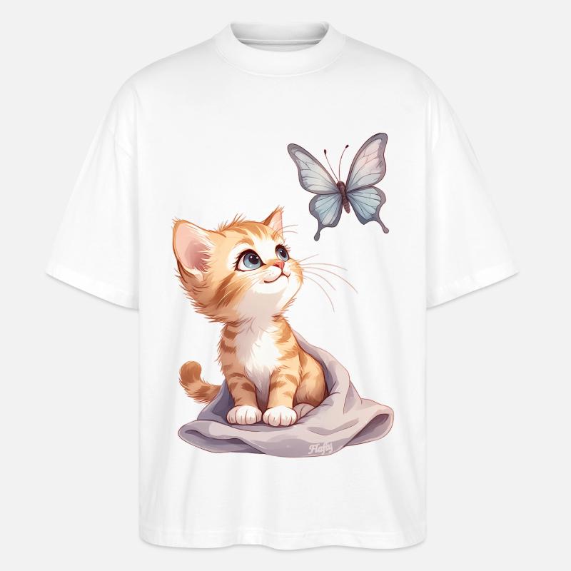 Kawaii Curious Chatten et Papillon 🐱🦋 - T-shirt bio Blaster 2.0 coupe oversize Stanley/Stella Unisexe - blanc