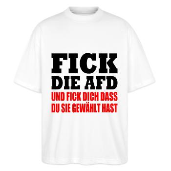 Fuck the AfD - Stanley/Stella Oversized Unisex Organic T-shirt Blaster 2.0 - white - Front - Alina (178cm) & Michal (187cm)
