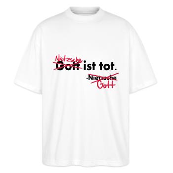 Gott ist tot / Nietzsche Witz Vektor - Stanley/Stella Oversized Unisex Bio T-Shirt Blaster 2.0 - Weiß - Vorne - Alina (178cm) & Michal (187cm)