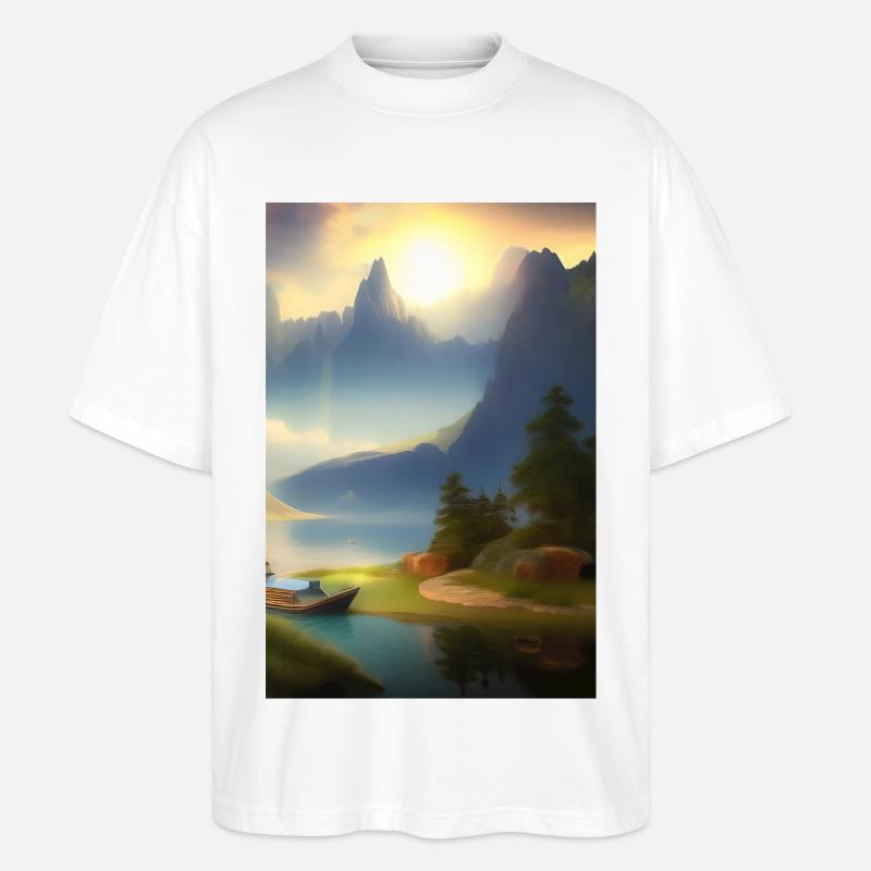 Landschaft mit See, Boot und Berge - Stanley/Stella Oversized Unisex Bio T-Shirt Blaster 2.0 - Weiß