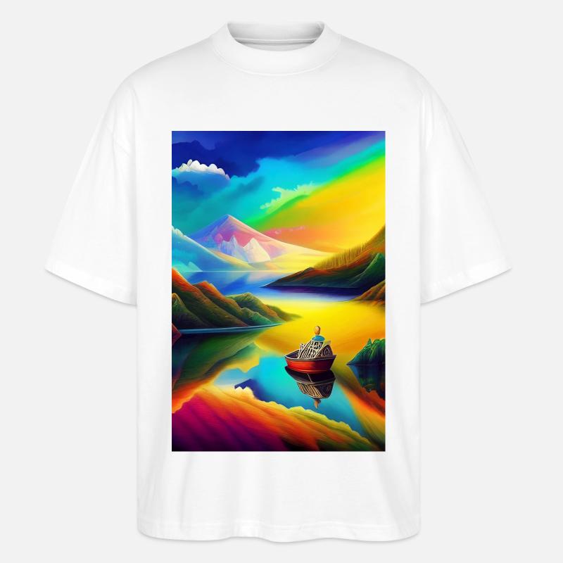 Landschaft mit See, Boot und Berge - Stanley/Stella Oversized Unisex Bio T-Shirt Blaster 2.0 - Weiß
