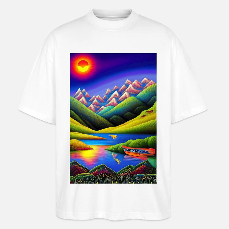 Landschaft mit See, Boot und Berge - Stanley/Stella Oversized Unisex Bio T-Shirt Blaster 2.0 - Weiß
