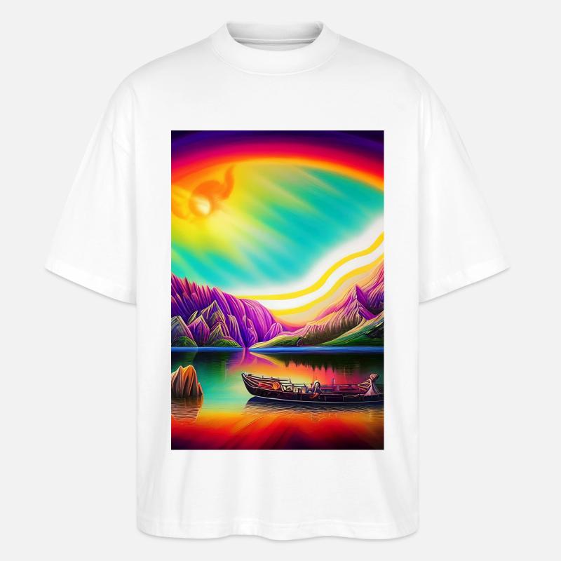 Landschaft mit See, Boot und Berge - Stanley/Stella Oversized Unisex Bio T-Shirt Blaster 2.0 - Weiß