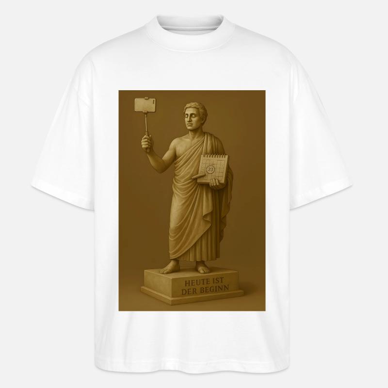 Moderne Statue mit Smartphone und Kalender - Stanley/Stella Oversized Unisex Bio T-Shirt Blaster 2.0 - Weiß