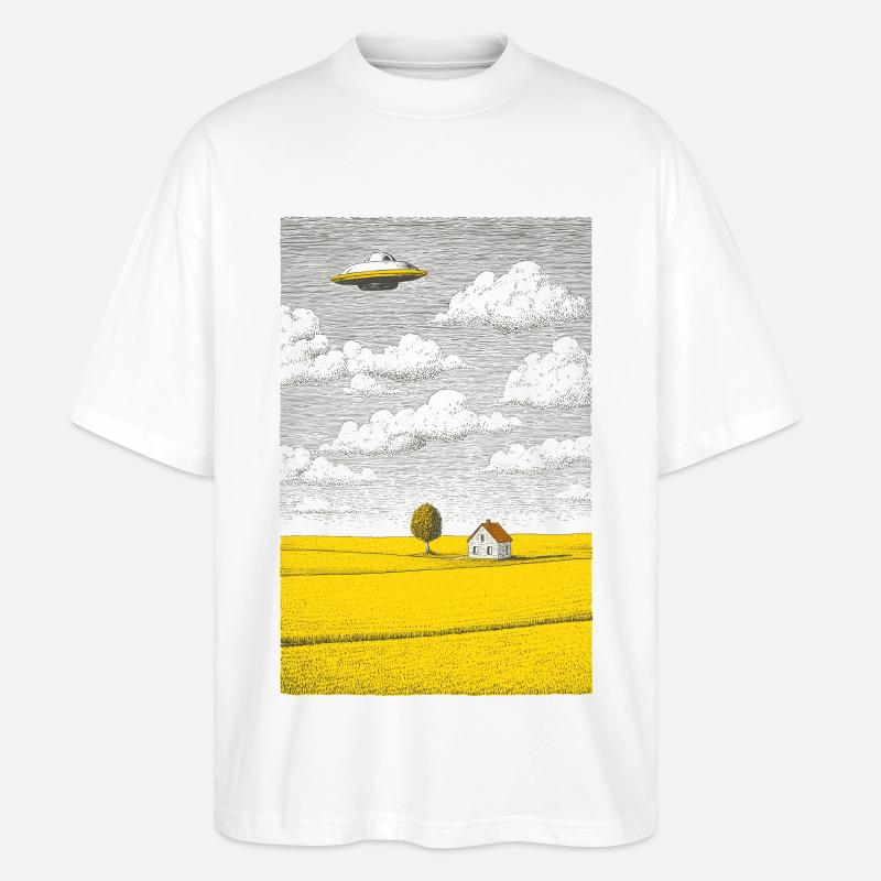 OVNI au-dessus du champ jaune - T-shirt bio Blaster 2.0 coupe oversize Stanley/Stella Unisexe - blanc