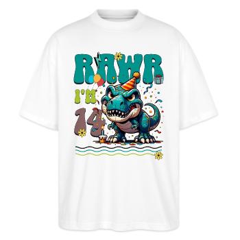 14ème anniversaire Rawr T Rex Dinosaure - T-shirt bio Blaster 2.0 coupe oversize Stanley/Stella Unisexe - blanc - Devant - Alina (178cm) & Michal (187cm)