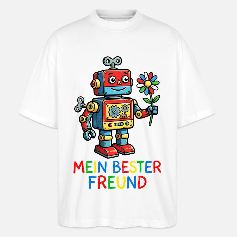 Farbenfroher Roboterfreund mit Blume - Stanley/Stella Oversized Unisex Bio T-Shirt Blaster 2.0 - Weiß