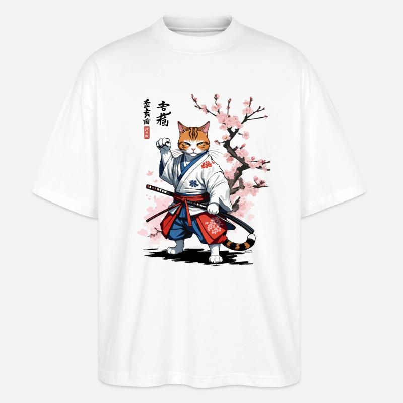 Samurai Katze Ukiyo-E Streetwear Design - Stanley/Stella Oversized Unisex Bio T-Shirt Blaster 2.0 - Weiß