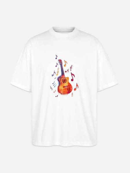 Stylized Acoustic Guitar Surrounded by Musical Notes - Stanley/Stella Oversized Unisex Organic T-shirt Blaster 2.0 - white