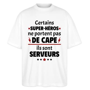 Certains super-héros sont serveurs, cadeau noël - T-shirt bio Blaster 2.0 coupe oversize Stanley/Stella Unisexe - blanc - Devant - Alina (178cm) & Michal (187cm)