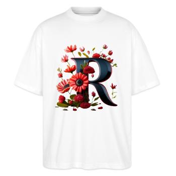 R En noir, avec fleur rouge - T-shirt bio Blaster 2.0 coupe oversize Stanley/Stella Unisexe - blanc - Devant - Alina (178cm) & Michal (187cm)