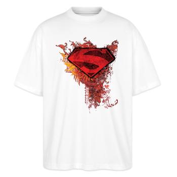 Superman S-Shield Ornate - Stanley/Stella Oversized Unisex Bio T-Shirt Blaster 2.0 - Weiß - Vorne - Alina (178cm) & Michal (187cm)