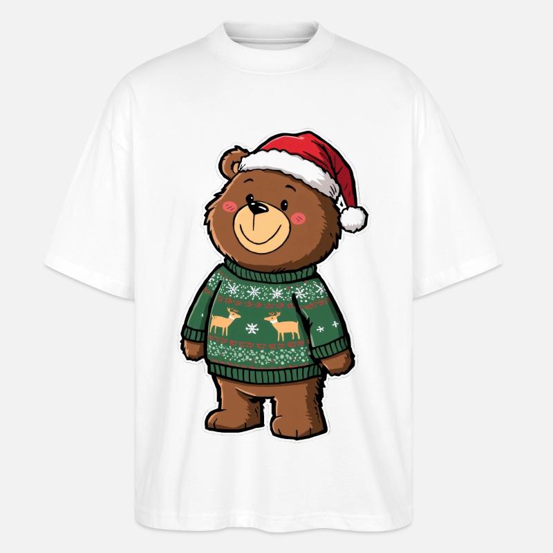 Niedlicher Bär mit Weihnachtspullover - Stanley/Stella Oversized Unisex Bio T-Shirt Blaster 2.0 - Weiß