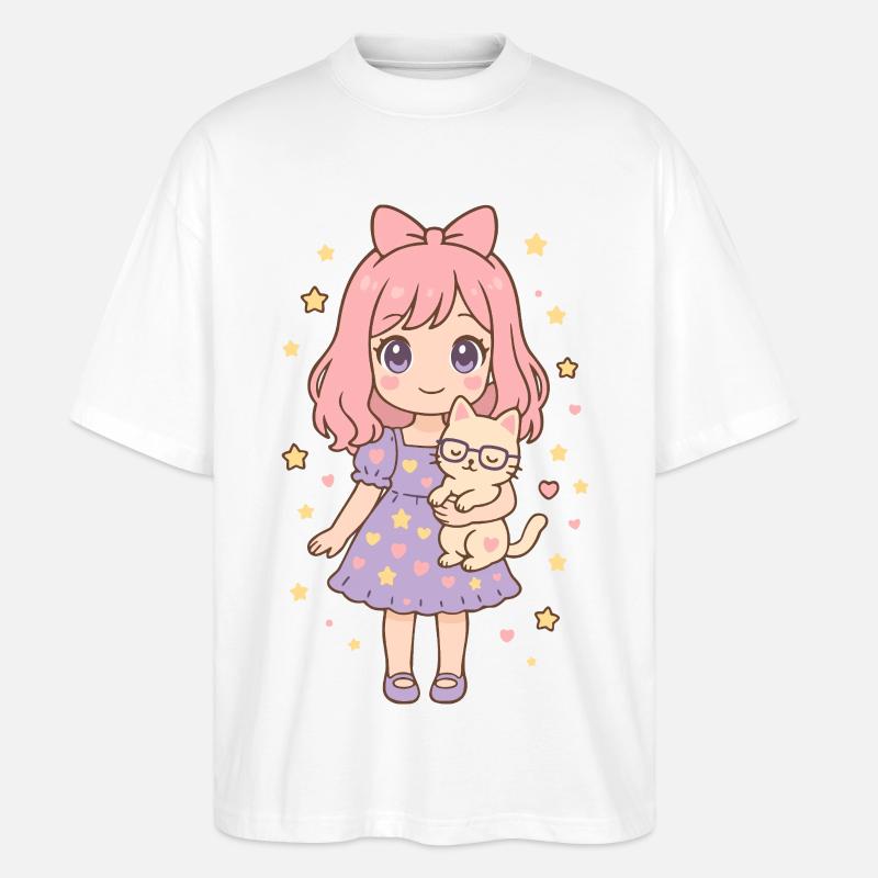 Kleines Mädchen mit Katze von Helfspawn - Stanley/Stella Oversized Unisex Bio T-Shirt Blaster 2.0 - Weiß