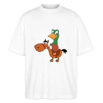 REITEN - PFERD - PONY - ENTE - ERPEL - REITER - Stanley/Stella Oversized Unisex Bio T-Shirt Blaster 2.0 - Weiß - Vorne - Alina (178cm) & Michal (187cm)