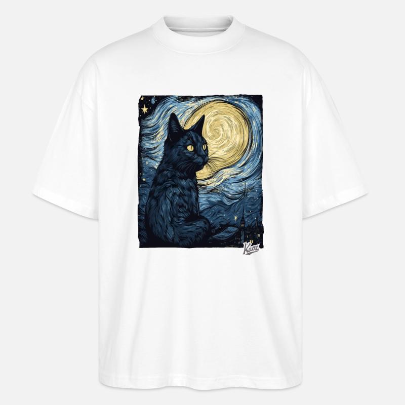 Nuit étoilée et chat noir - T-shirt bio Blaster 2.0 coupe oversize Stanley/Stella Unisexe - blanc