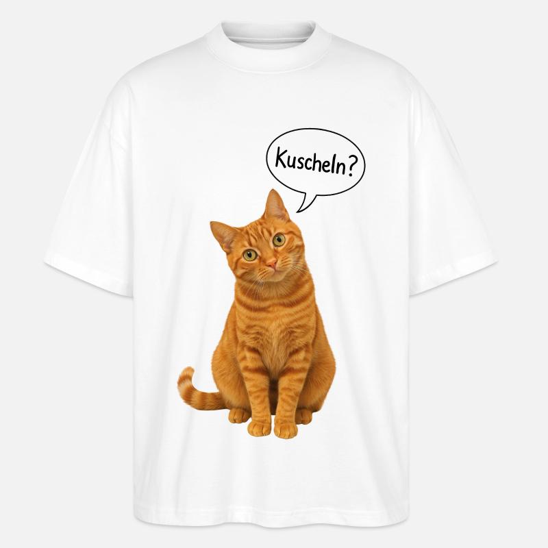 Red cat with tilted head asks: "Cuddle?" - Stanley/Stella Oversized Unisex Organic T-shirt Blaster 2.0 - white