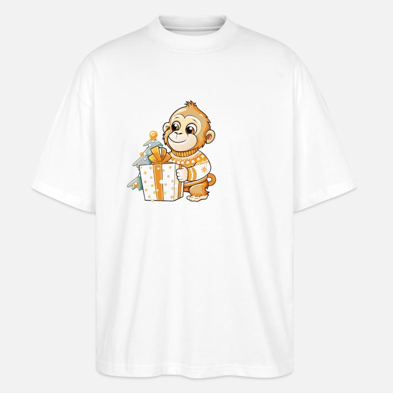 Cute monkey unwrapping gift - Stanley/Stella Oversized Unisex Organic T-shirt Blaster 2.0 - white