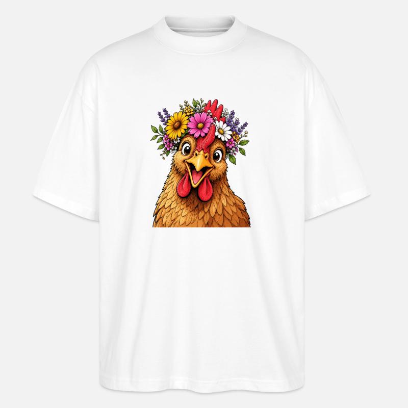 Huhn mit Blumenschmuck  - Stanley/Stella Oversized Unisex Bio T-Shirt Blaster 2.0 - Weiß