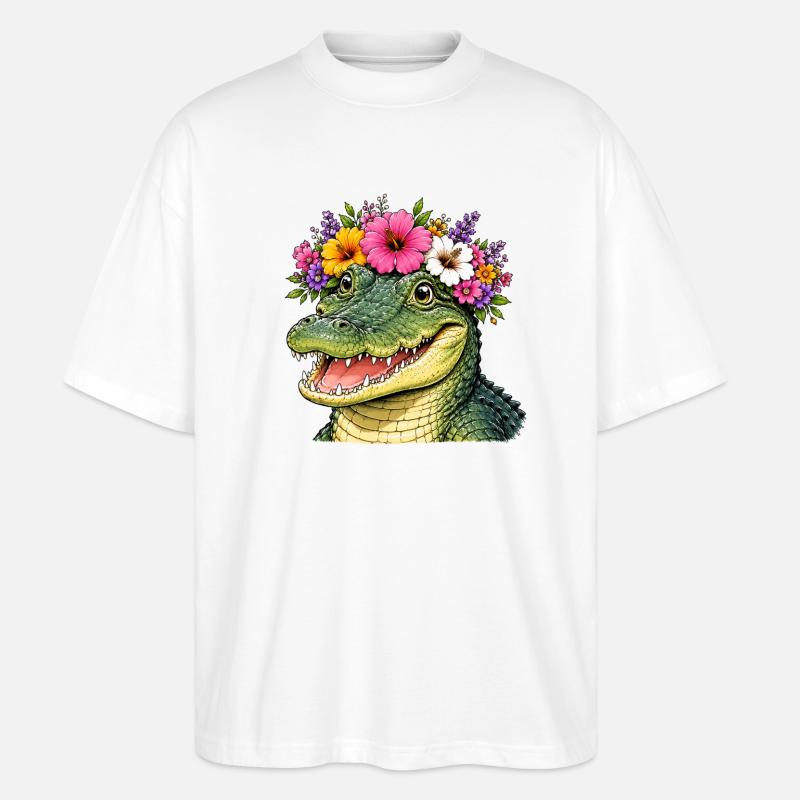 Krokodil mit Blumenschmuck  - Stanley/Stella Oversized Unisex Bio T-Shirt Blaster 2.0 - Weiß
