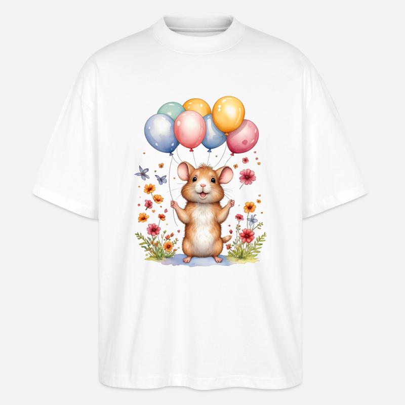 Süße Maus mit Geburtstagsballons - Stanley/Stella Oversized Unisex Bio T-Shirt Blaster 2.0 - Weiß